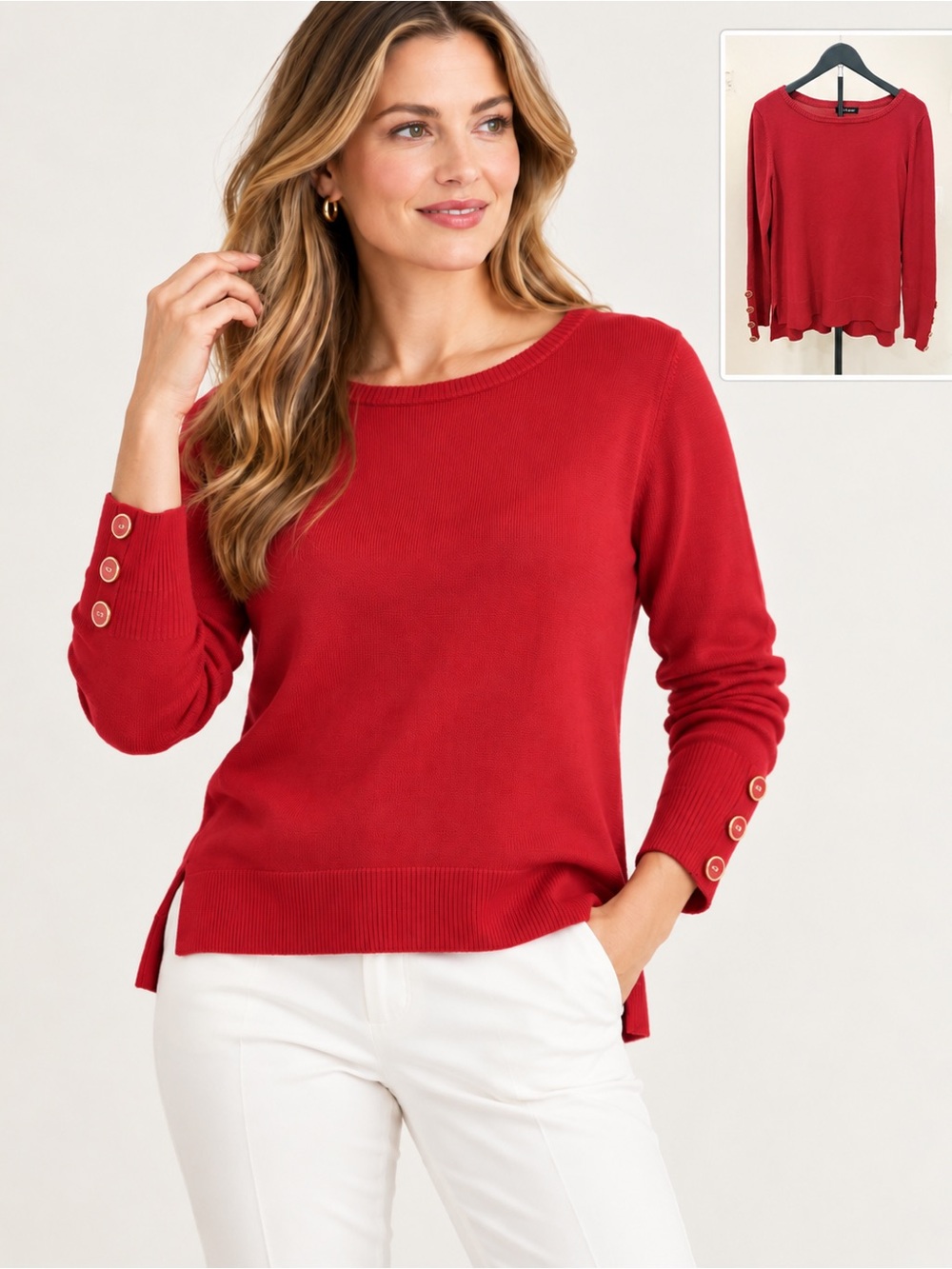 Cable & Gauge Red Crewneck Sweater with Button-Sleeve Detail New England Preppy